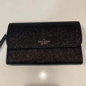 BRAND NEW boxed Kate Spade shimmy black glitter medium flap phone wristlet